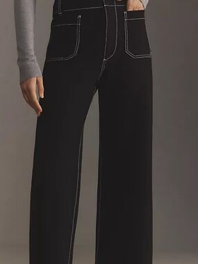 Mauve Black Wide-Leg Pants with White Contrast Stitching